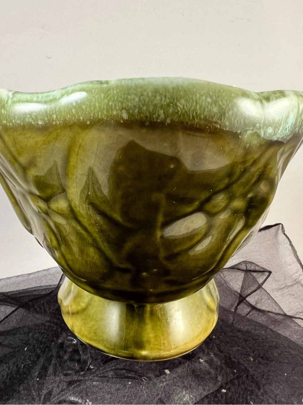 Vintage 1950 Ceramic Art Pottery Green Planter With Spring Floral decoration